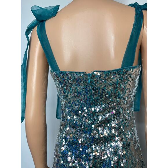 Lulus Dazzling Spectacle Teal and Silver Sequin Mini Dress Tie-Strap size S New - Picture 9 of 11
